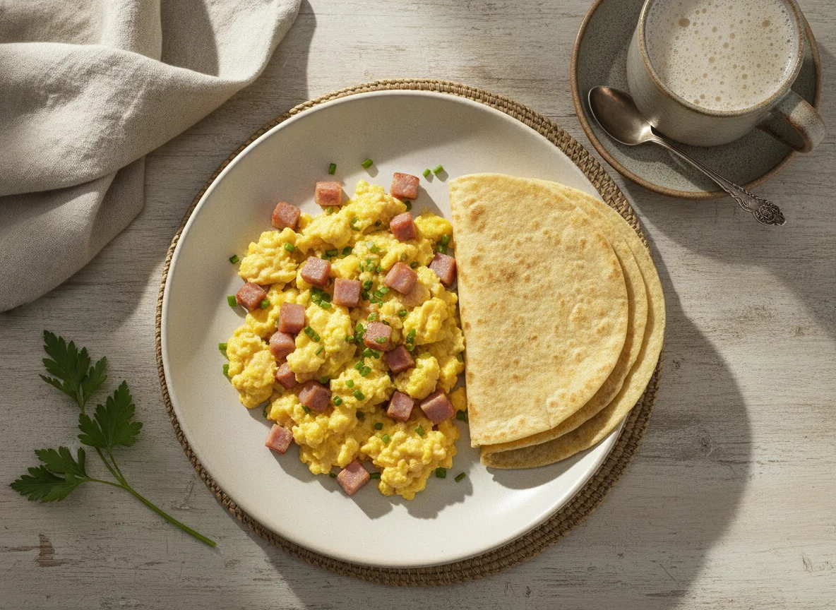 Huevos revueltos con jamón y tortillas de harina photo