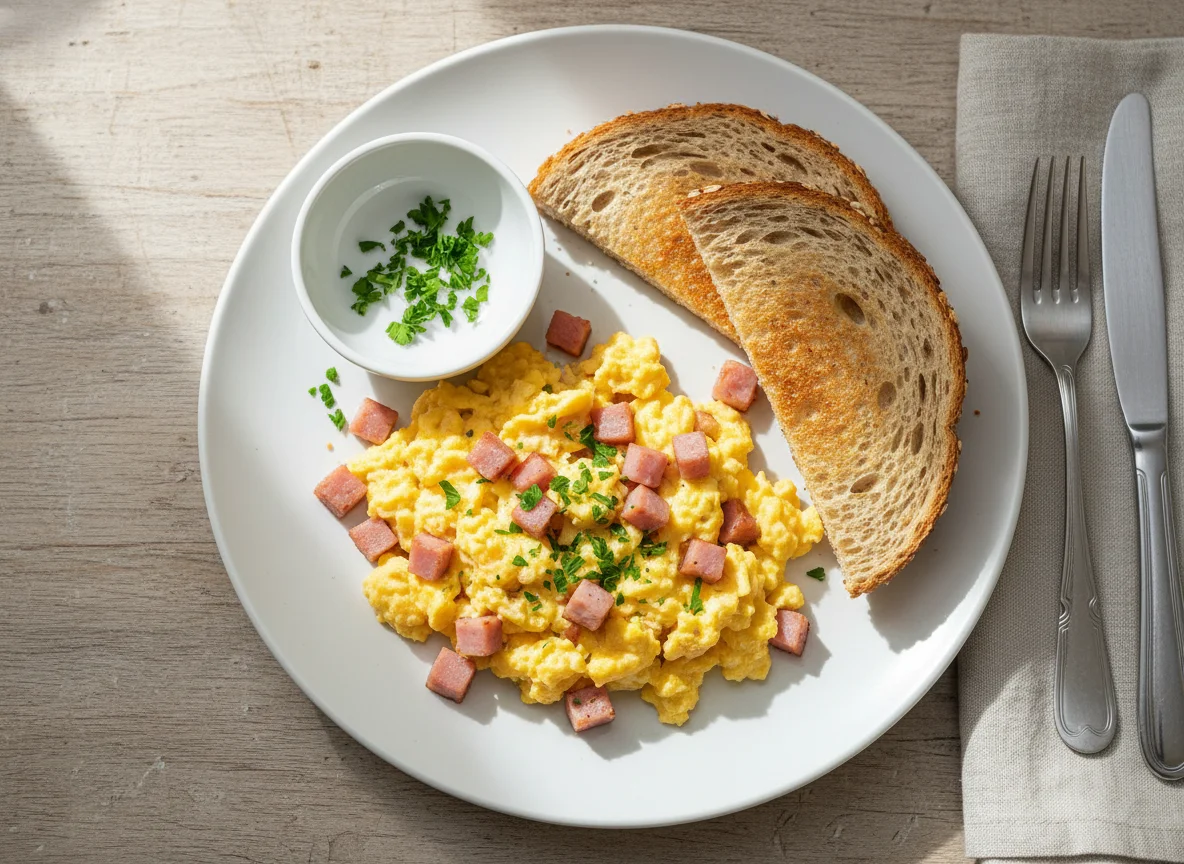 Huevos revueltos con jamón y tostada photo