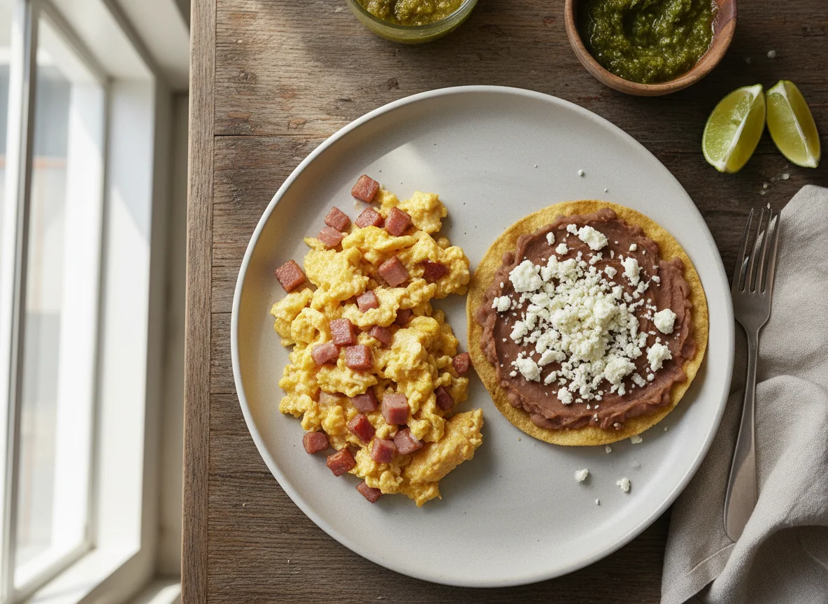 Huevos revueltos con jamón y tostada con frijoles y queso photo