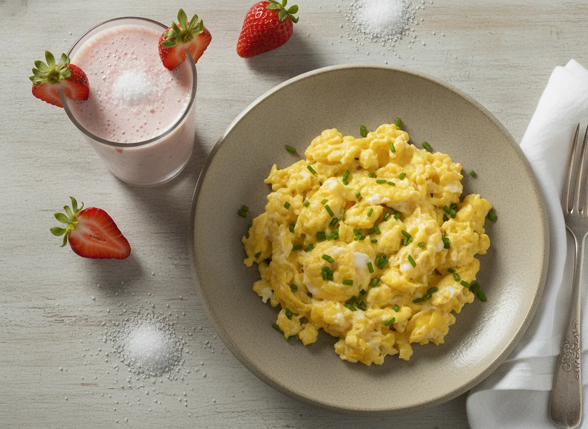 Huevos revueltos con licuado de fresa photo