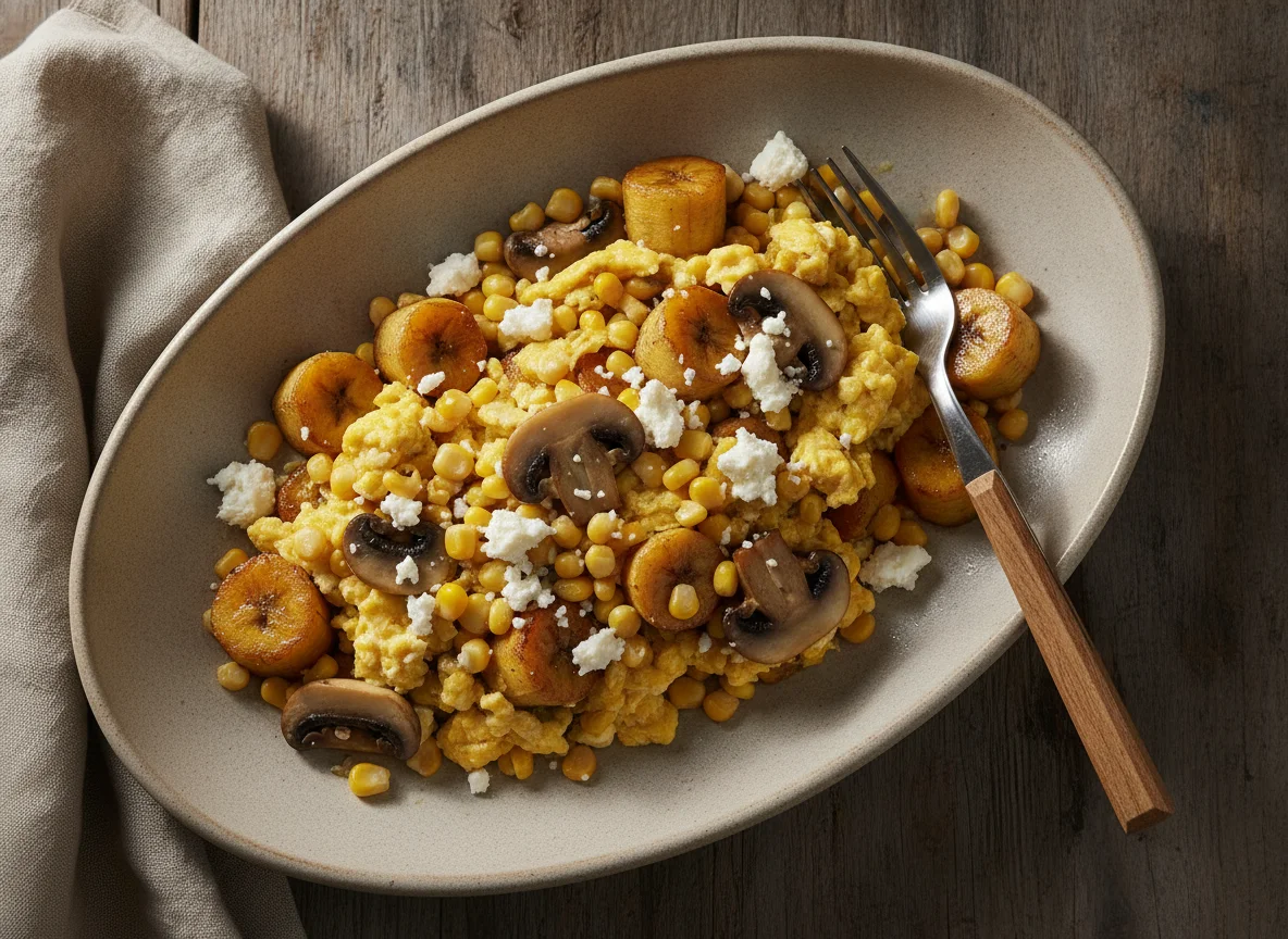 Huevos revueltos con maíz, champiñones, plátano maduro y queso photo