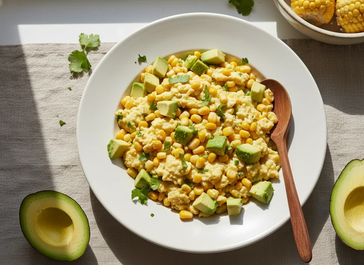 Huevos revueltos con maíz y aguacate photo