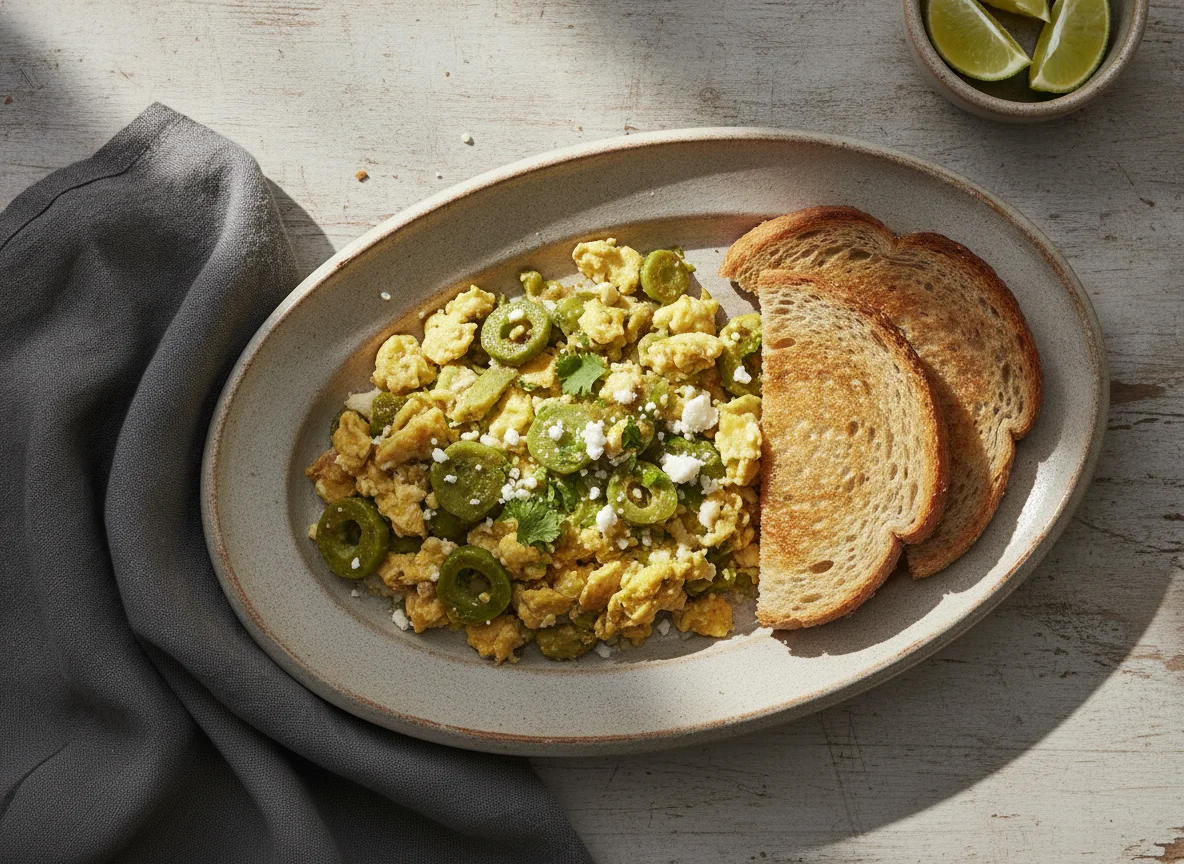 Huevos revueltos con nopales y pan integral photo