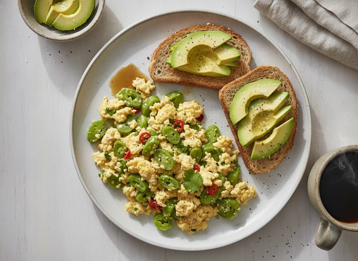 Huevos revueltos con nopales y pan tostado con aguacate photo