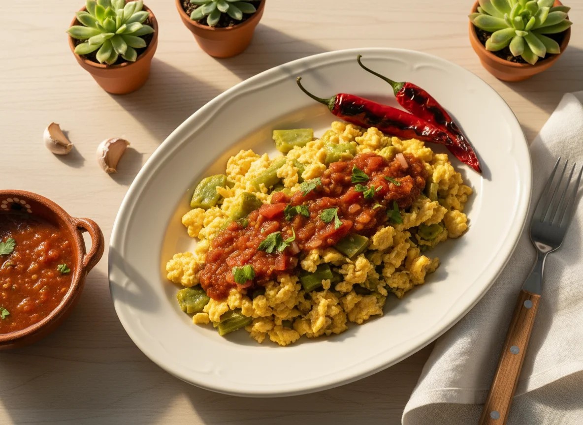 Huevos revueltos con nopales y salsa photo