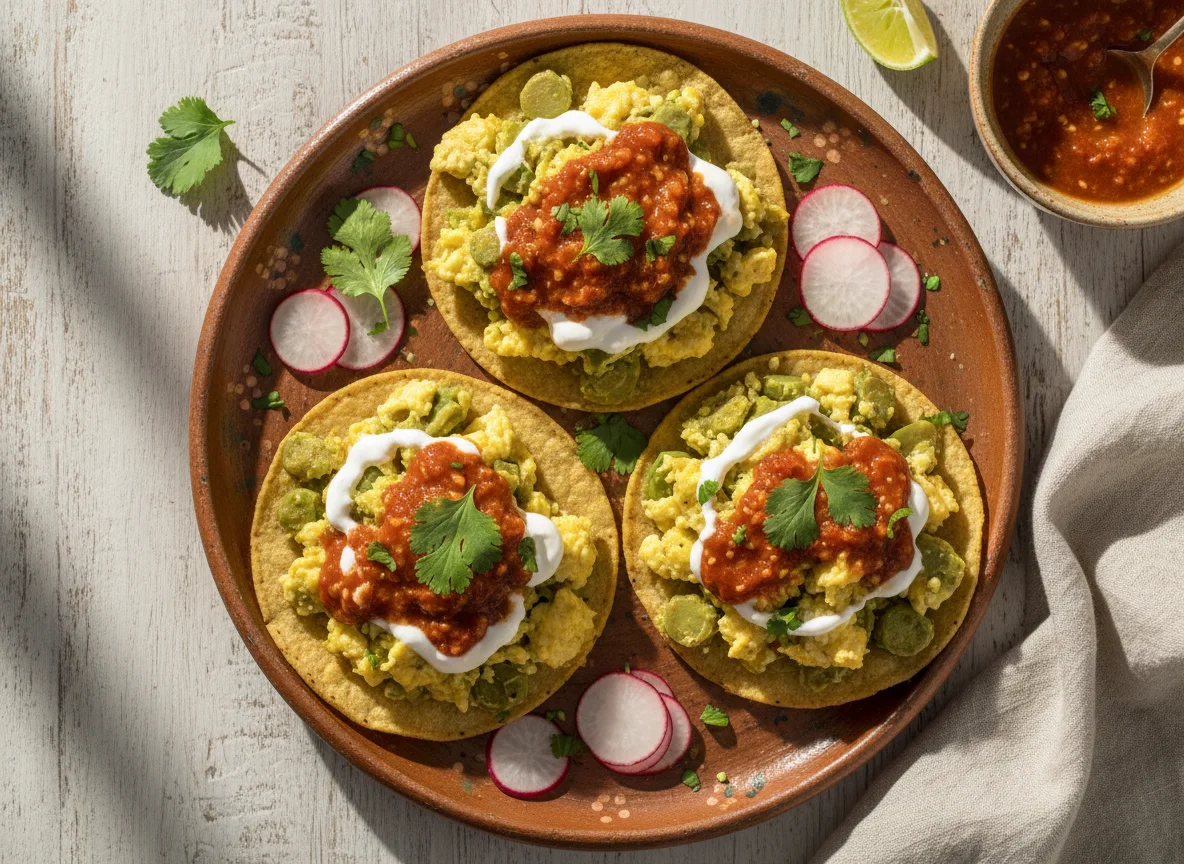 Huevos revueltos con nopales y salsa picante sobre tostadas photo