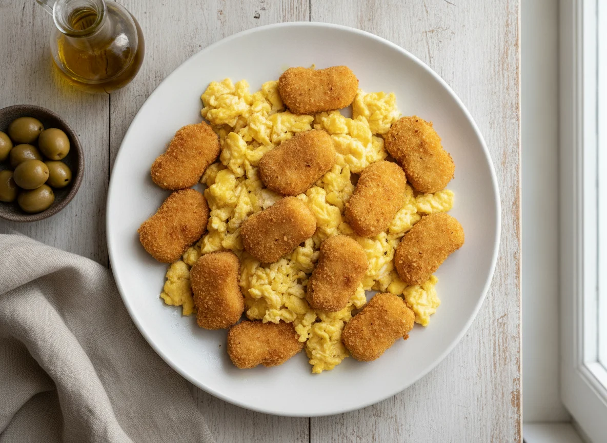 Huevos revueltos con nuggets de pollo photo
