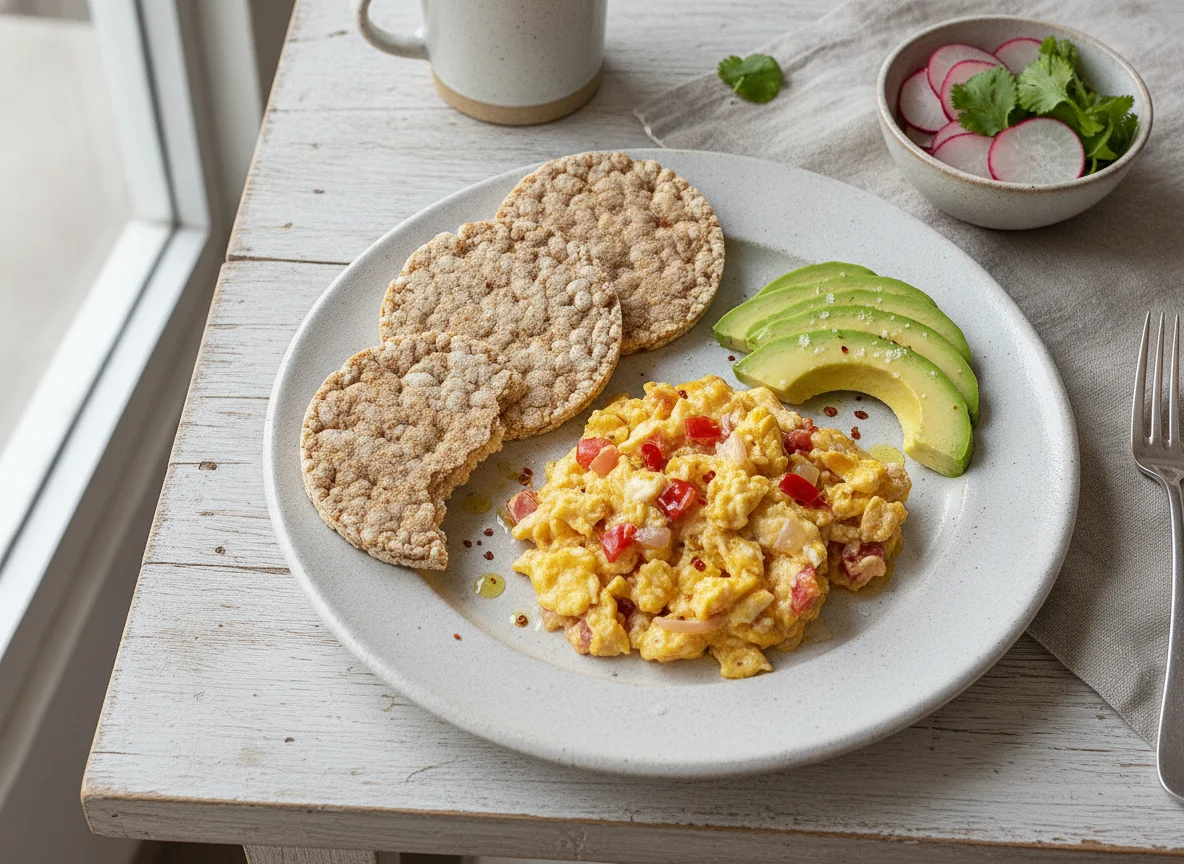 Huevos revueltos con palta y galletas de arroz photo