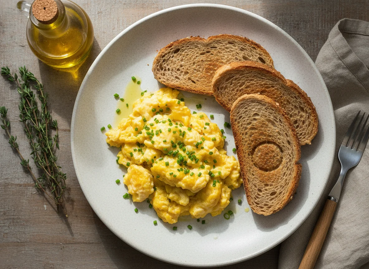 Huevos revueltos con pan de molde photo