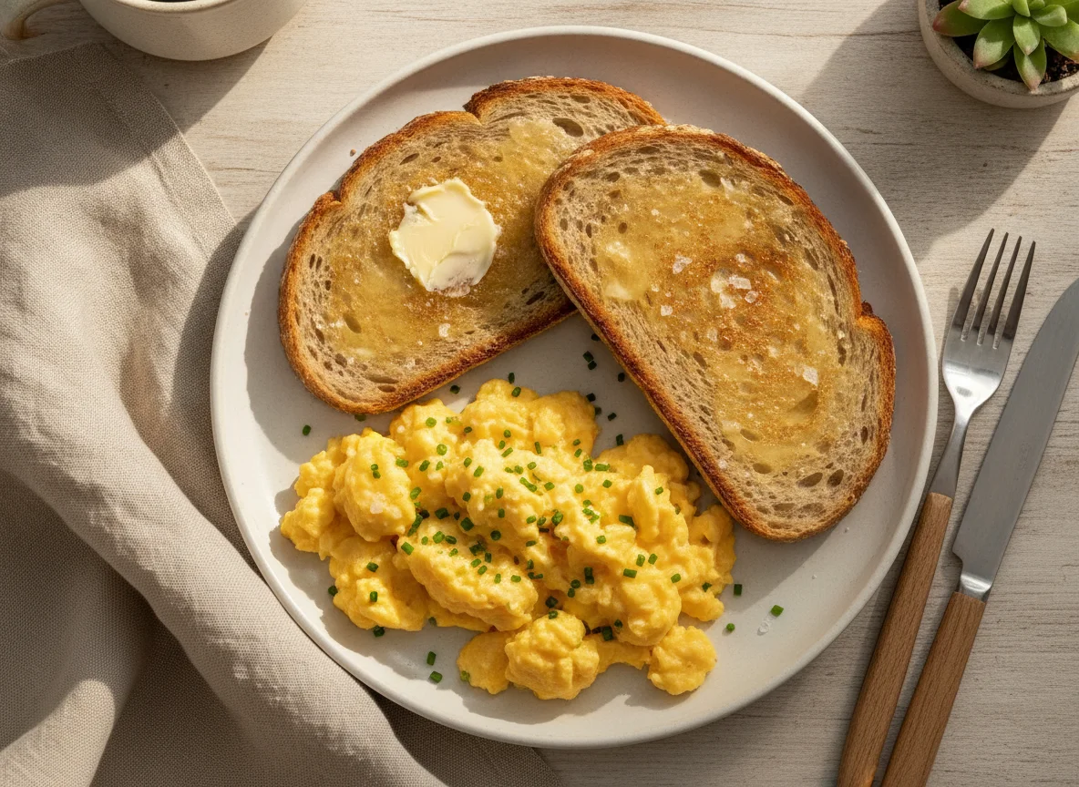 Huevos revueltos con pan integral tostado photo