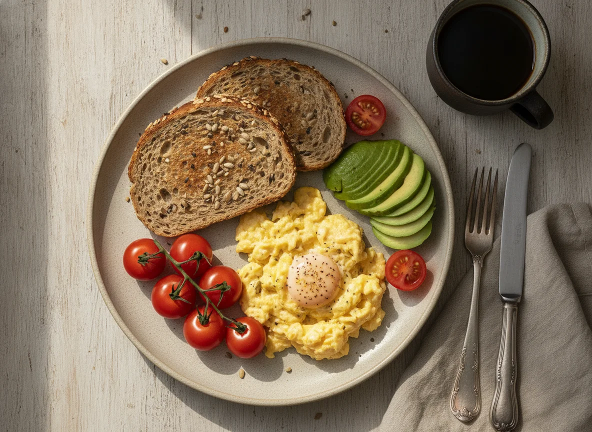 Huevos revueltos con pan integral y aguacate photo