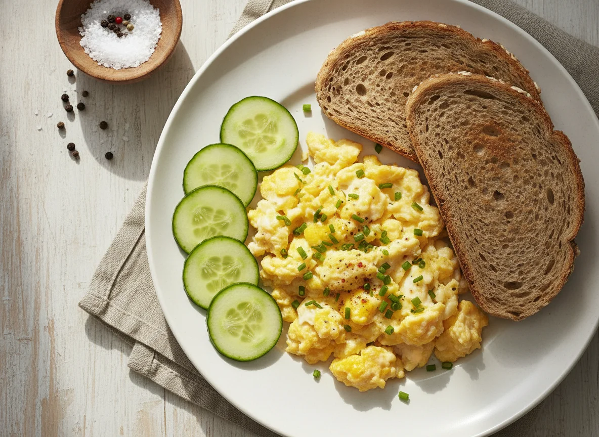 Huevos revueltos con pan integral y pepino photo