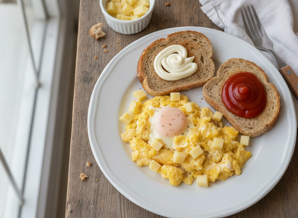 Huevos revueltos con pan integral y queso photo