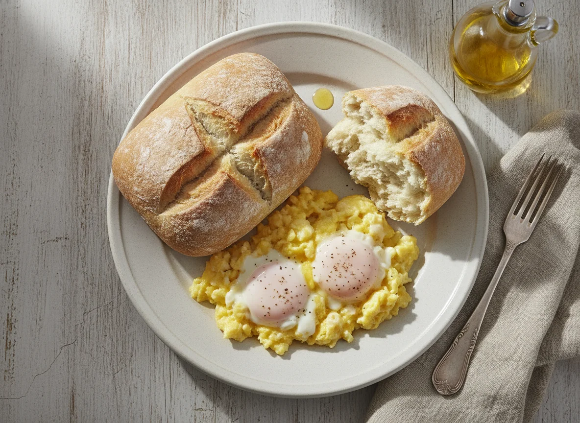 Huevos revueltos con pan marraqueta photo