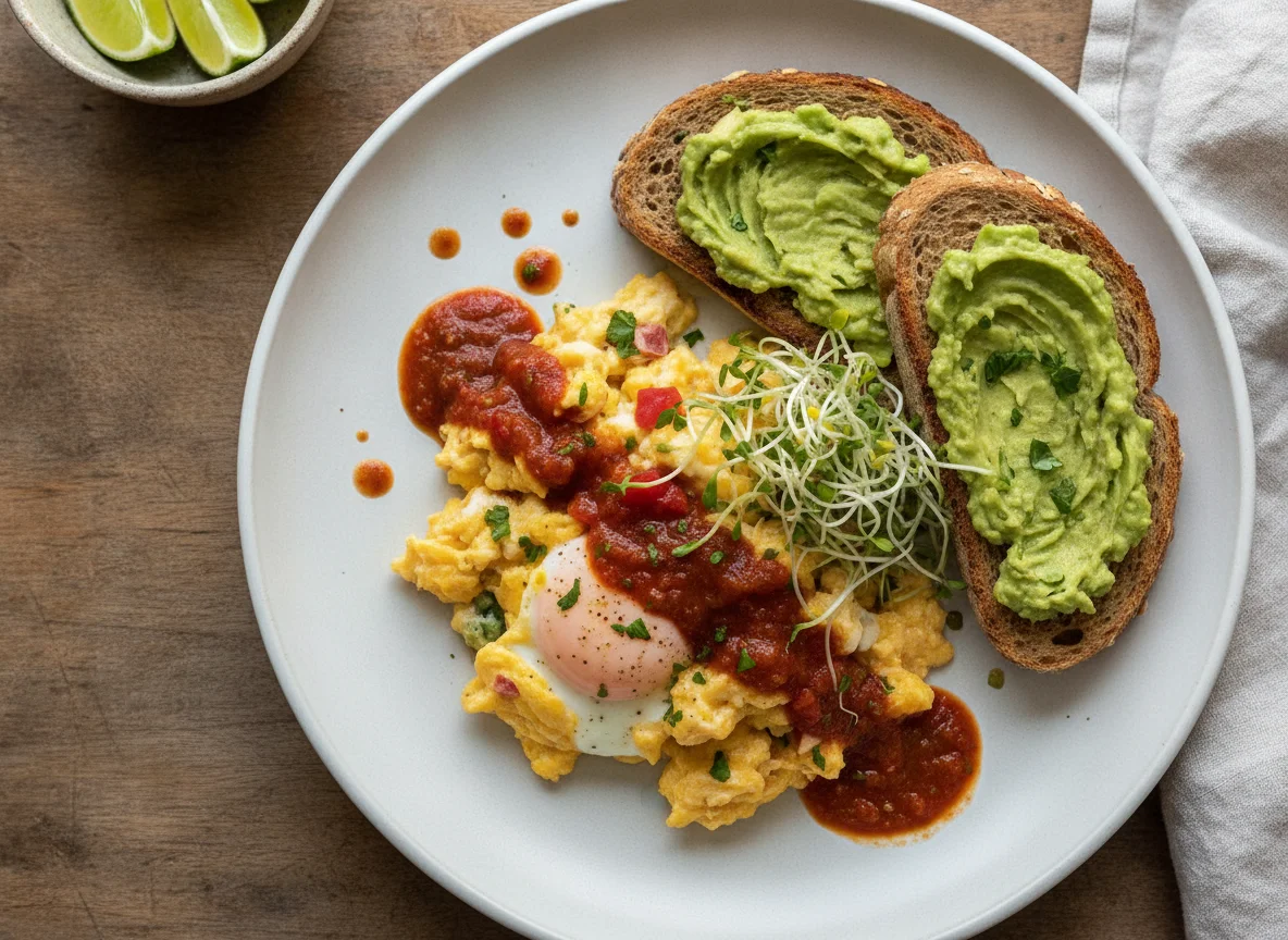 Huevos revueltos con pan tostado, aguacate y germinado photo