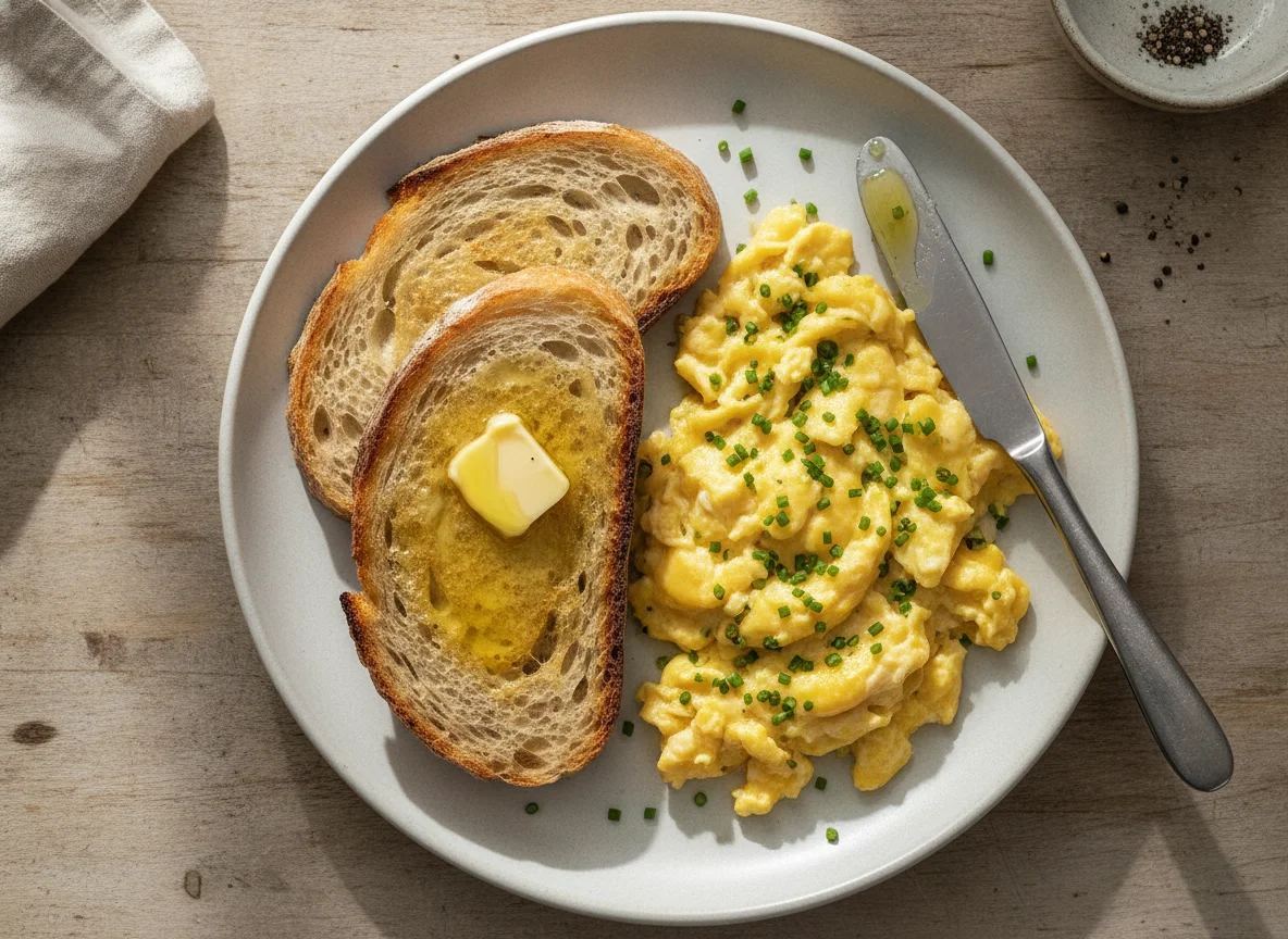 Huevos revueltos con pan tostado y mantequilla photo
