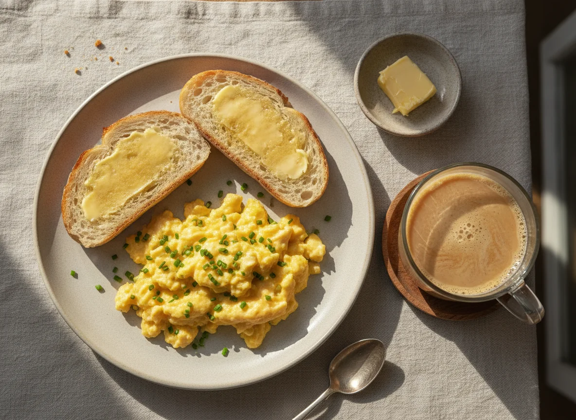 Huevos revueltos con pan y café con leche photo