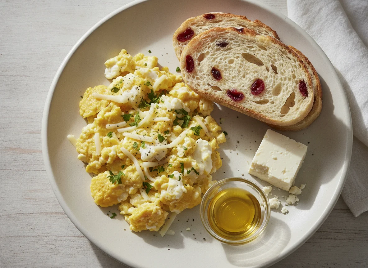 Huevos revueltos con pan y queso photo