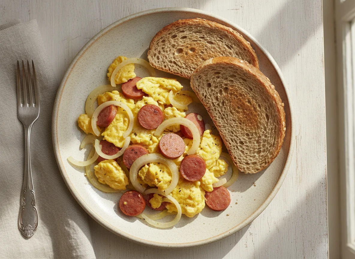 Huevos revueltos con pancho y cebolla photo