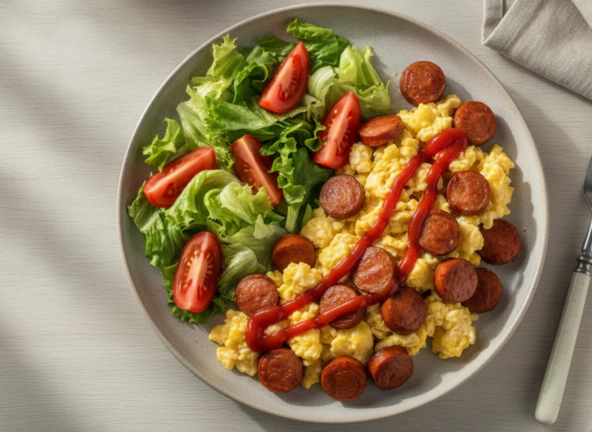 Huevos revueltos con panchos y ensalada photo