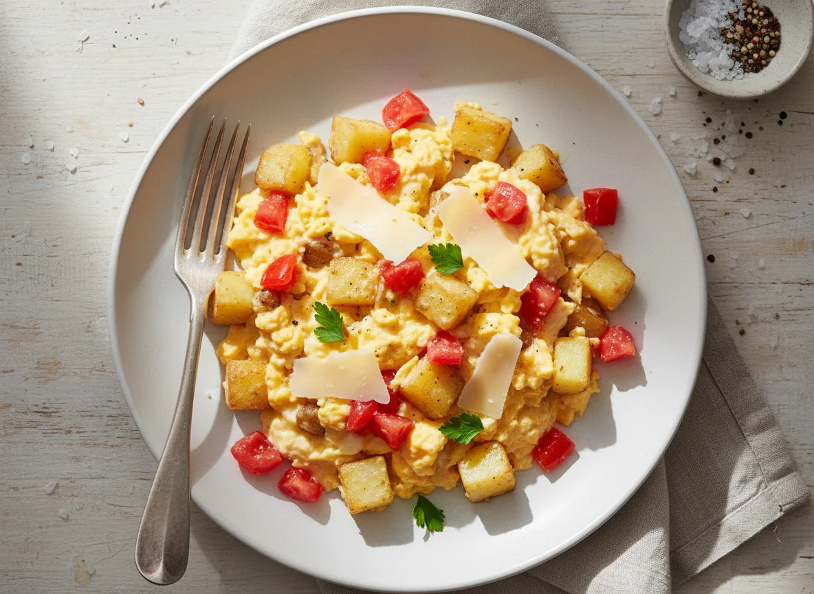Huevos revueltos con papa, tomate y queso manchego photo
