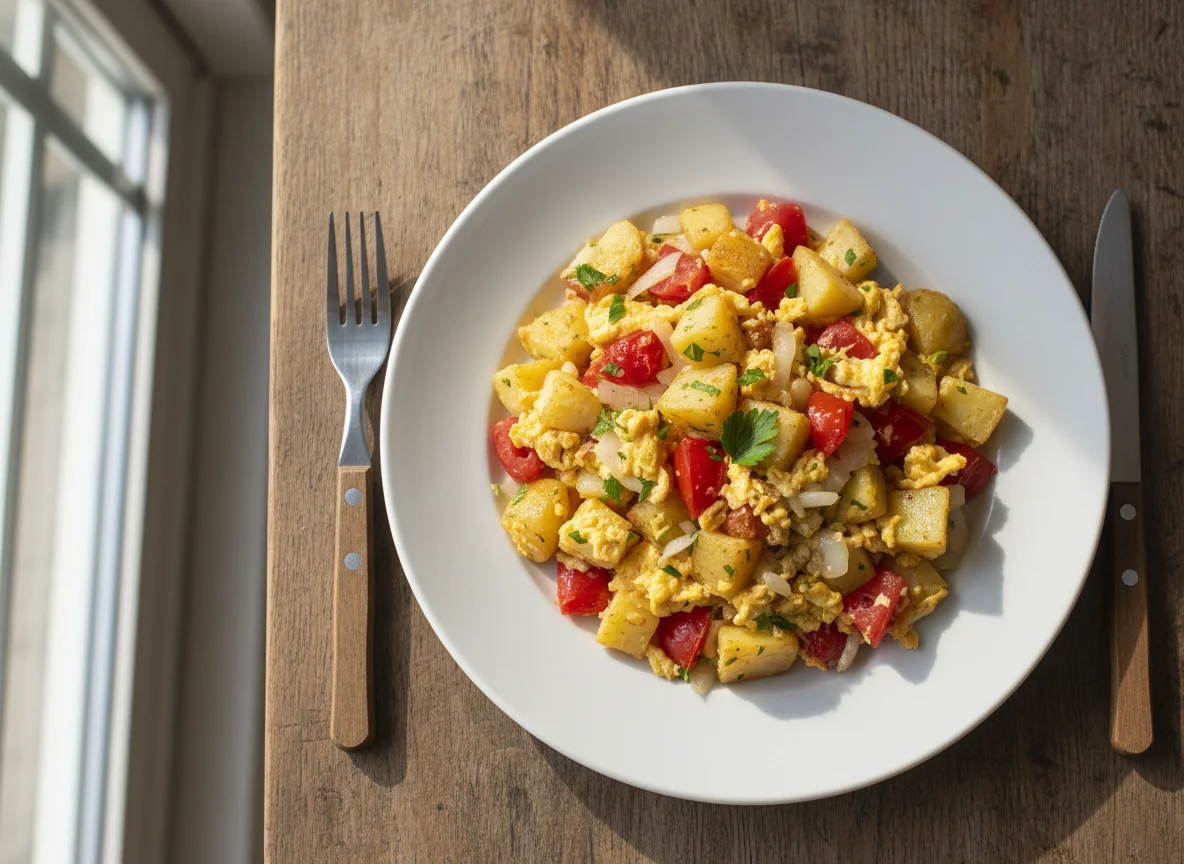 Huevos revueltos con papa y tomate photo