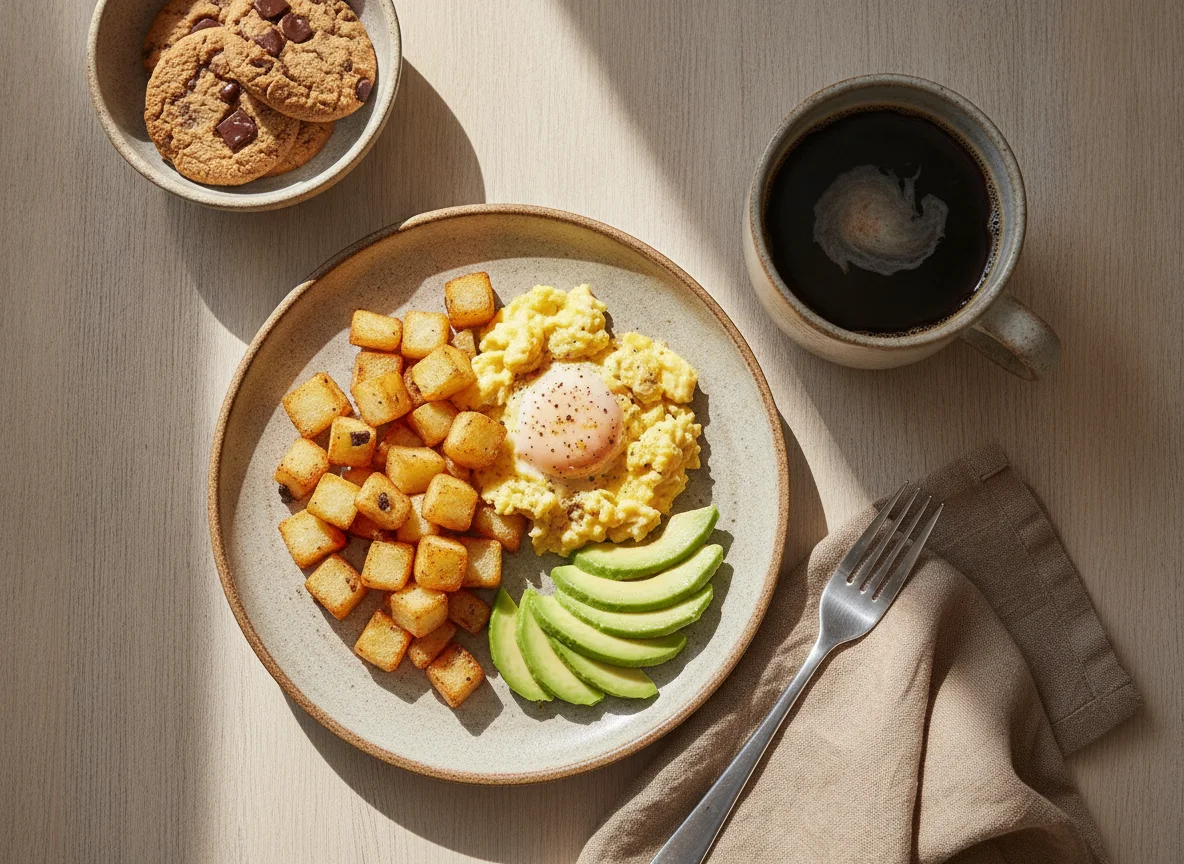 Huevos revueltos con papas, café y galletas photo