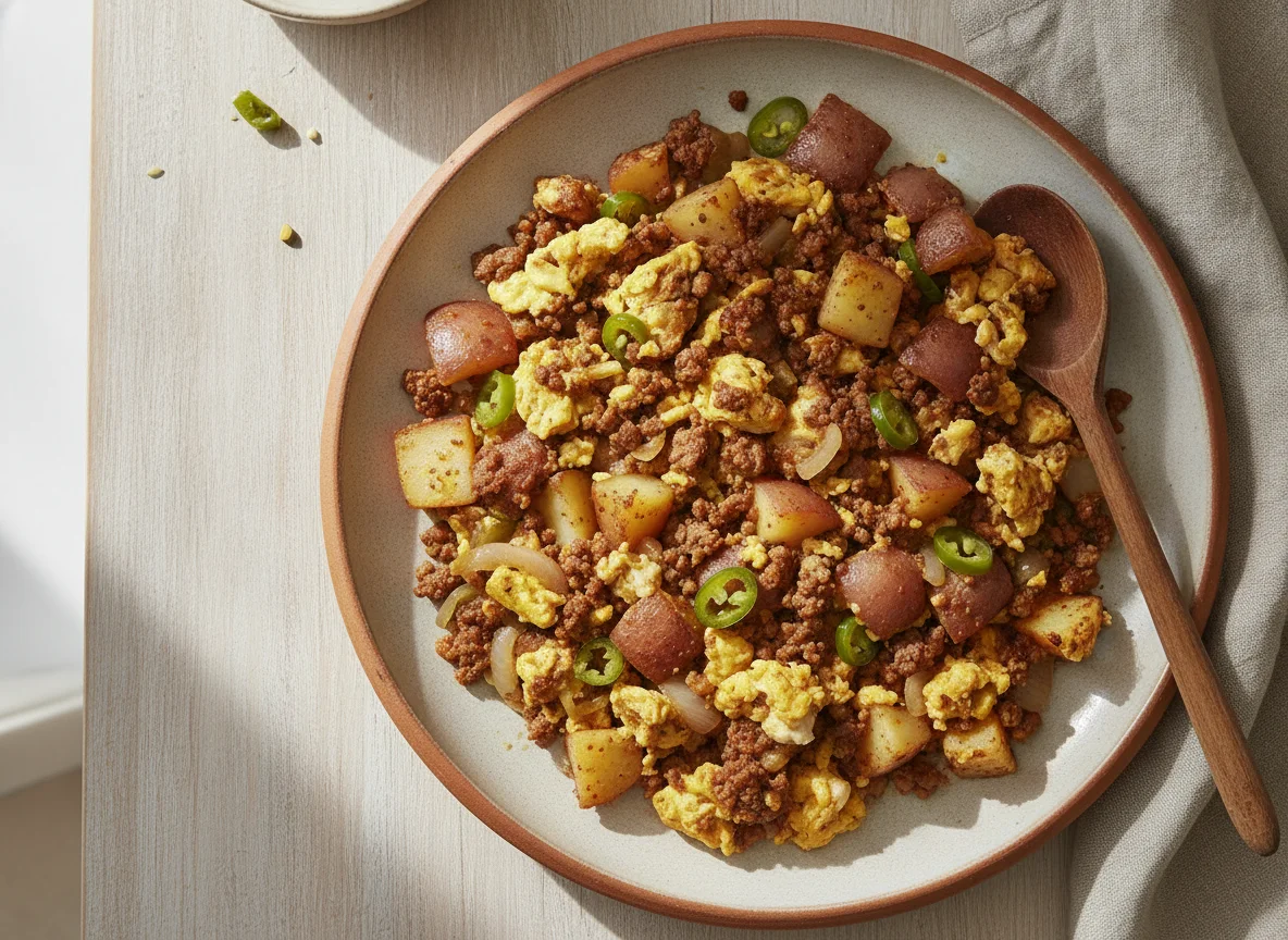 Huevos revueltos con papas y carne picada photo