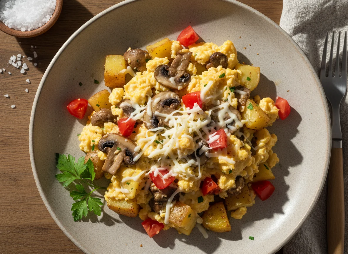 Huevos revueltos con papas y champiñones photo