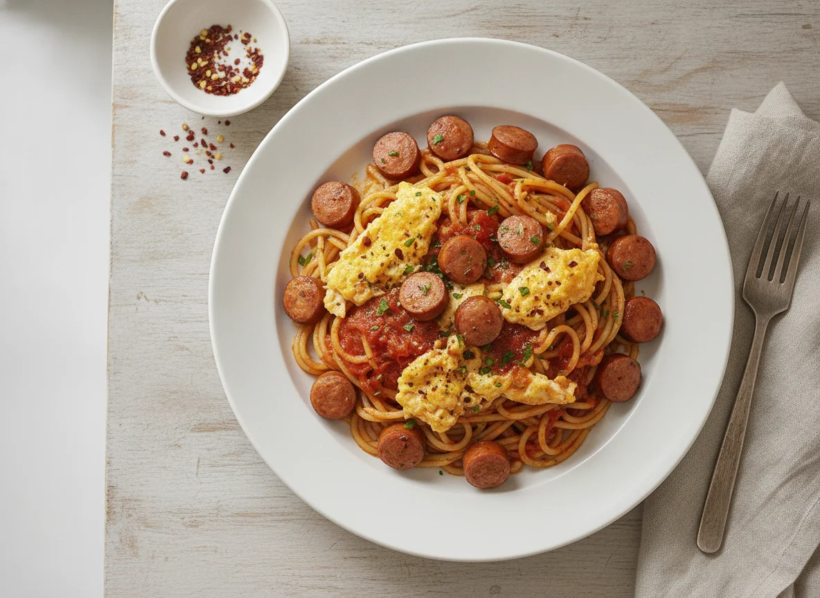 Huevos revueltos con pasta y salchichas photo