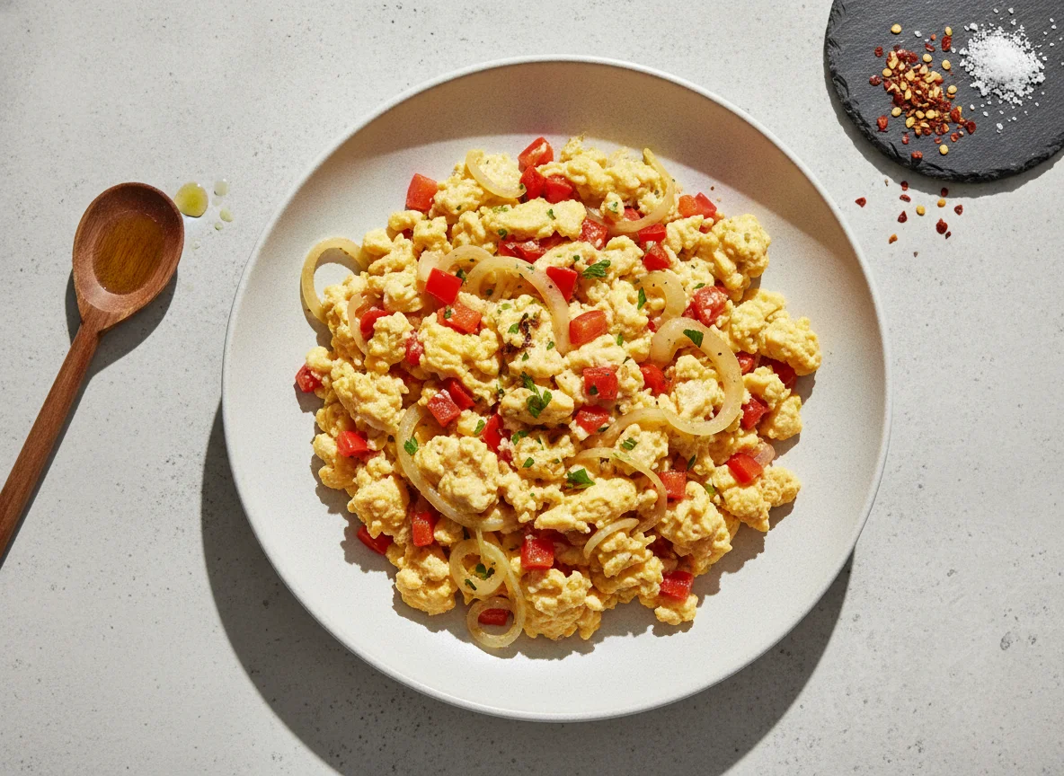 Huevos revueltos con pimiento y cebolla photo
