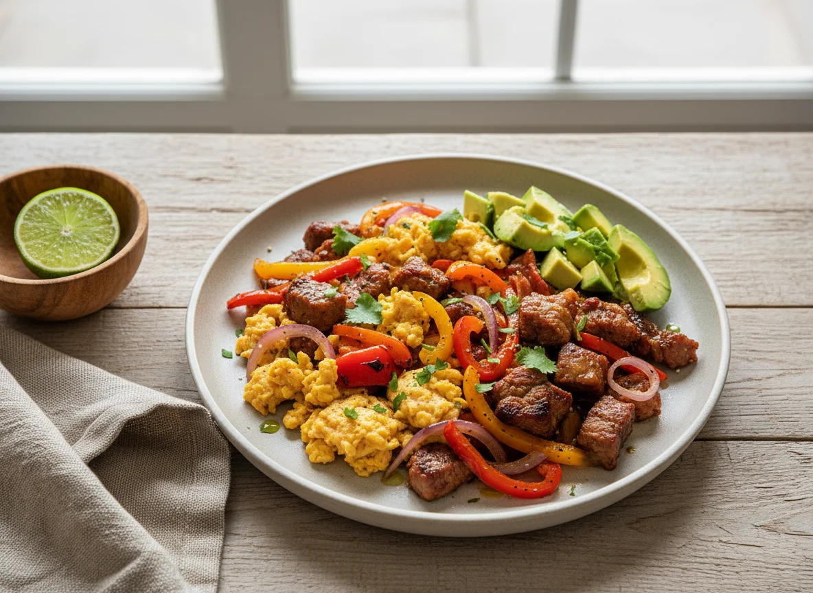 Huevos revueltos con pimientos, cebolla, aguacate y carne photo