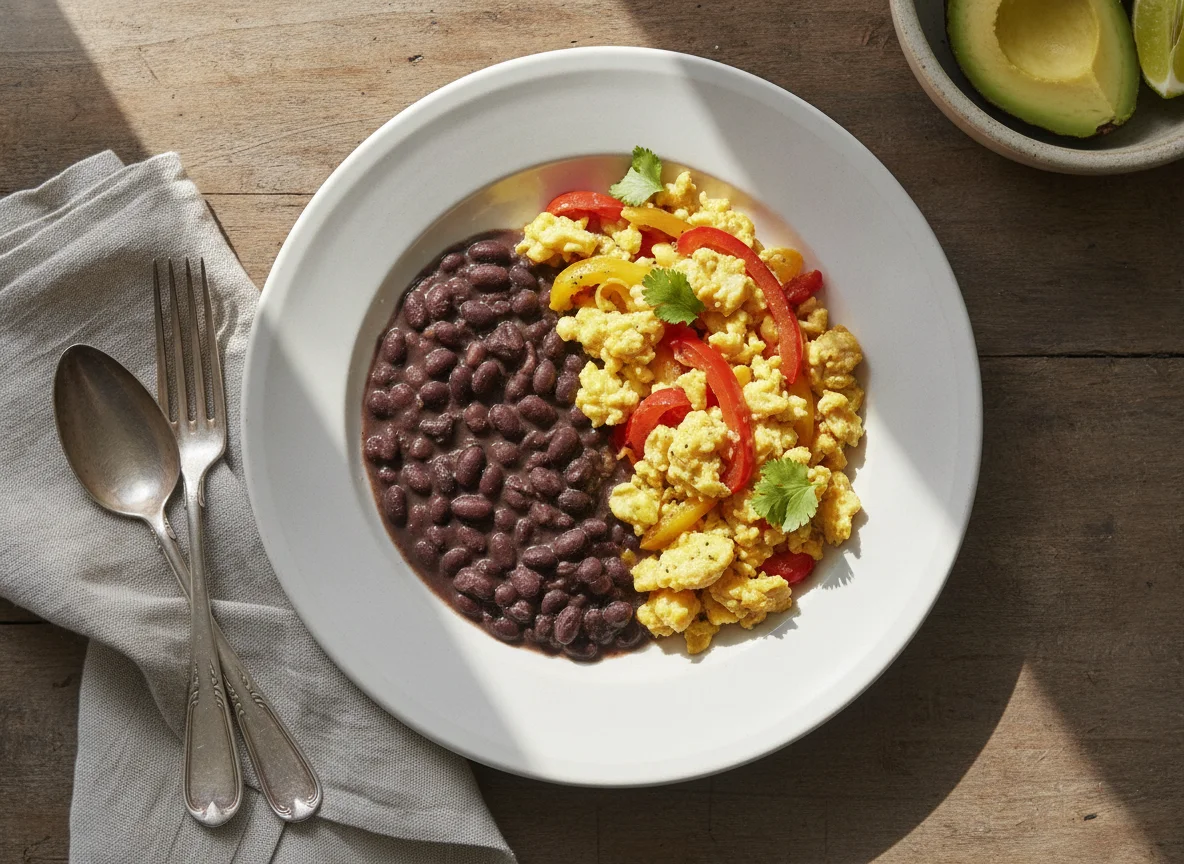 Huevos revueltos con pimientos y frijoles photo
