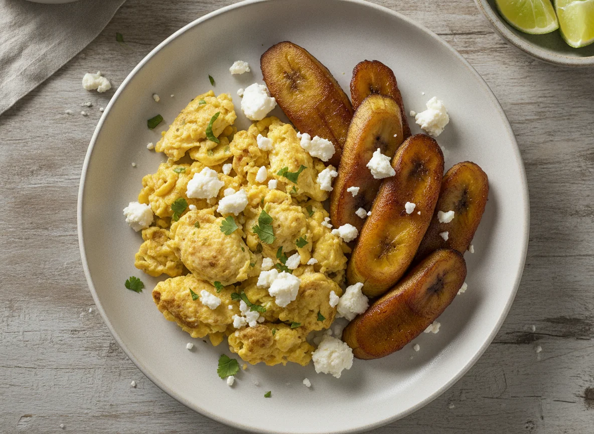 Huevos revueltos con plátano frito y queso photo