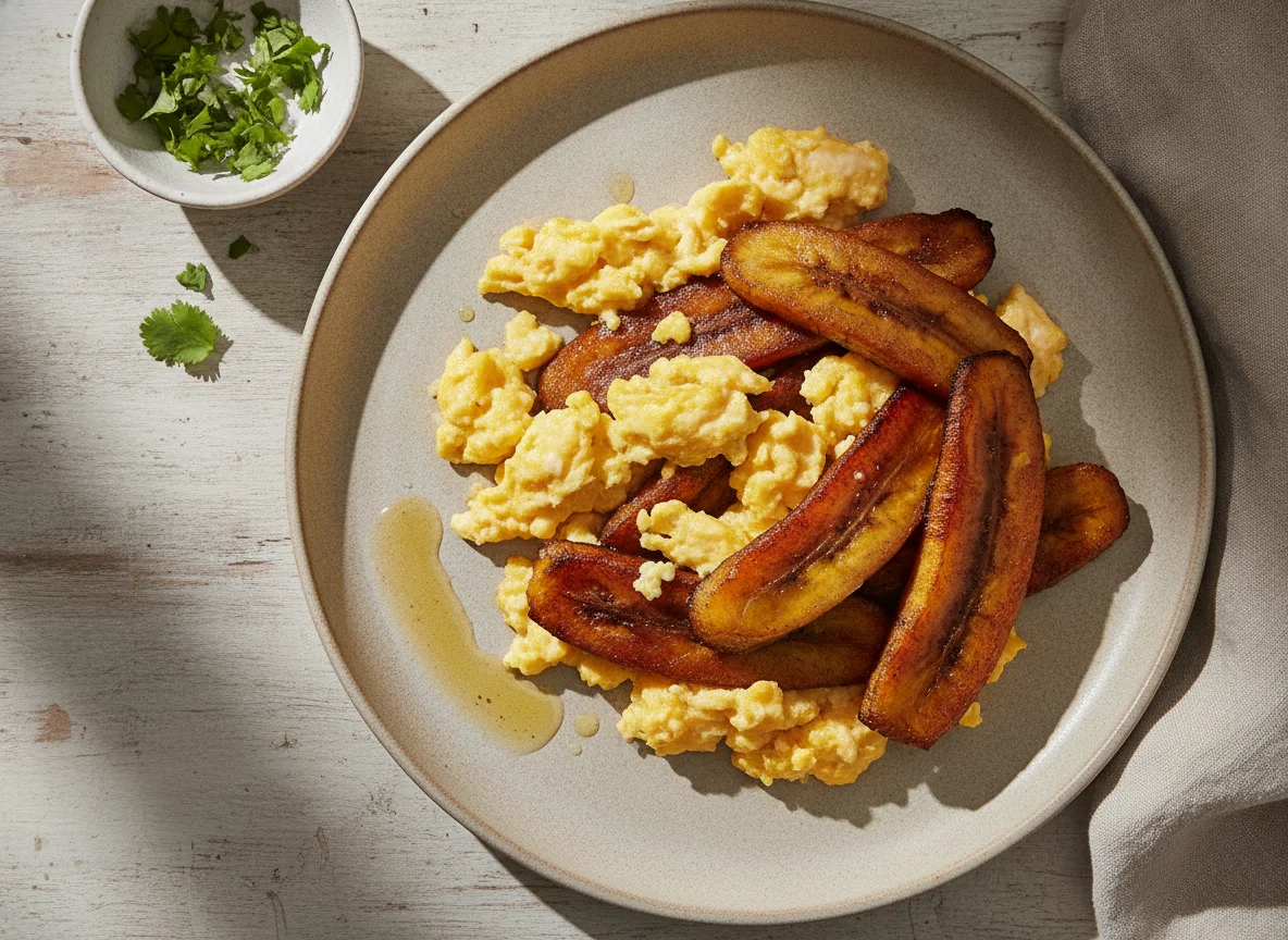 Huevos revueltos con plátano maduro asado photo