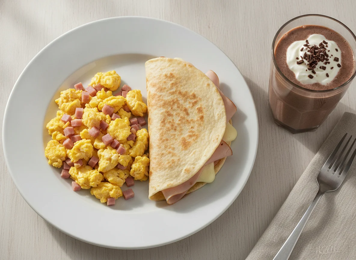 Huevos revueltos con quesadilla de jamón y batido de proteínas photo