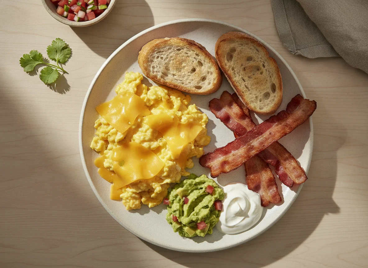 Huevos revueltos con queso, bacon, pan, guacamole y crema agria photo