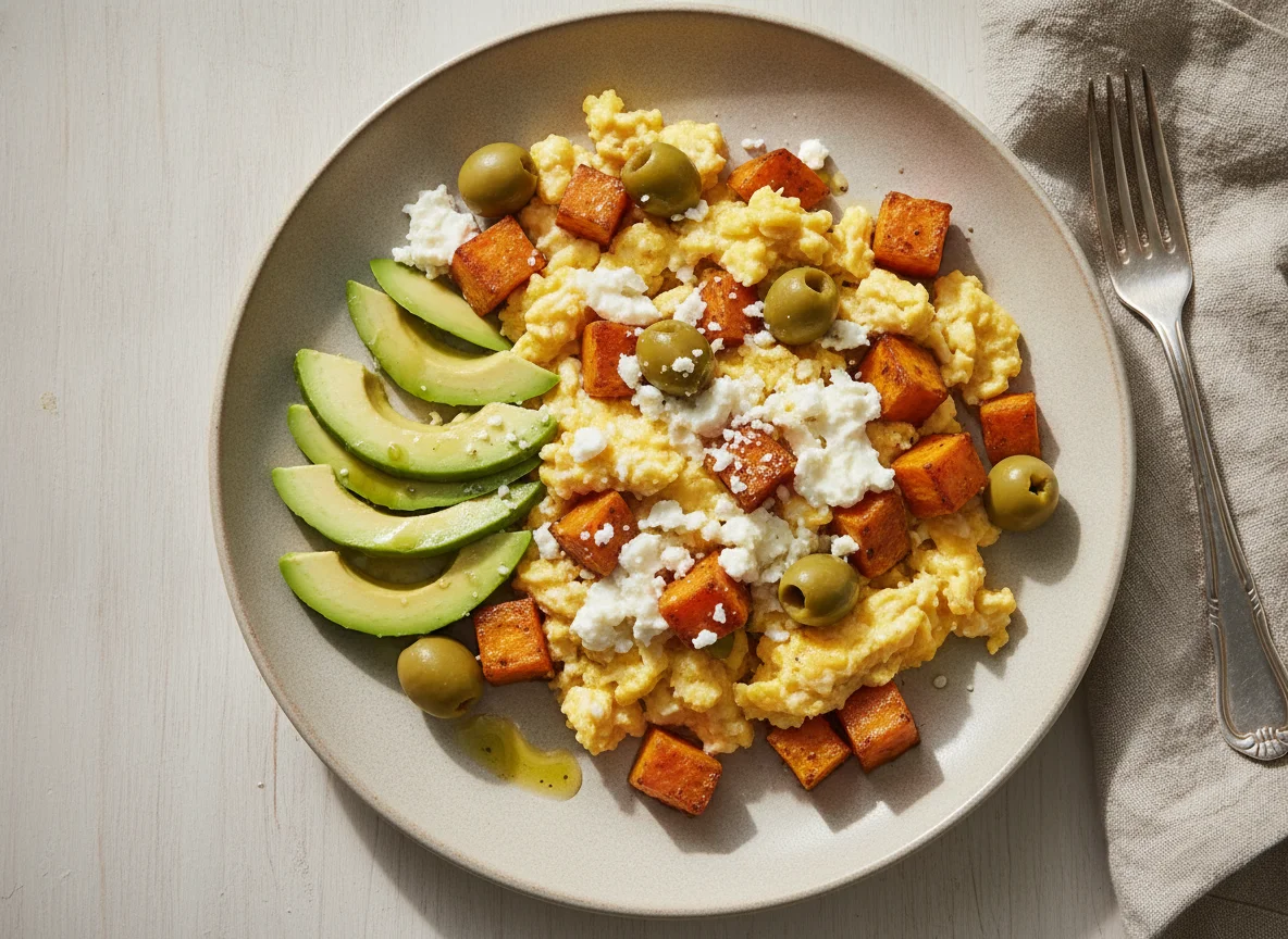 Huevos revueltos con queso, boniato, aguacate y aceitunas photo