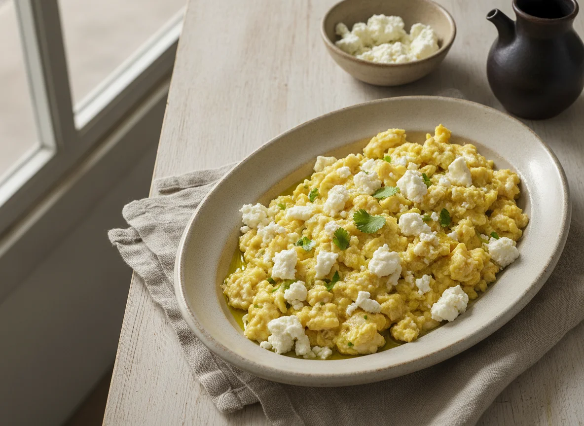 Huevos revueltos con queso campesino photo
