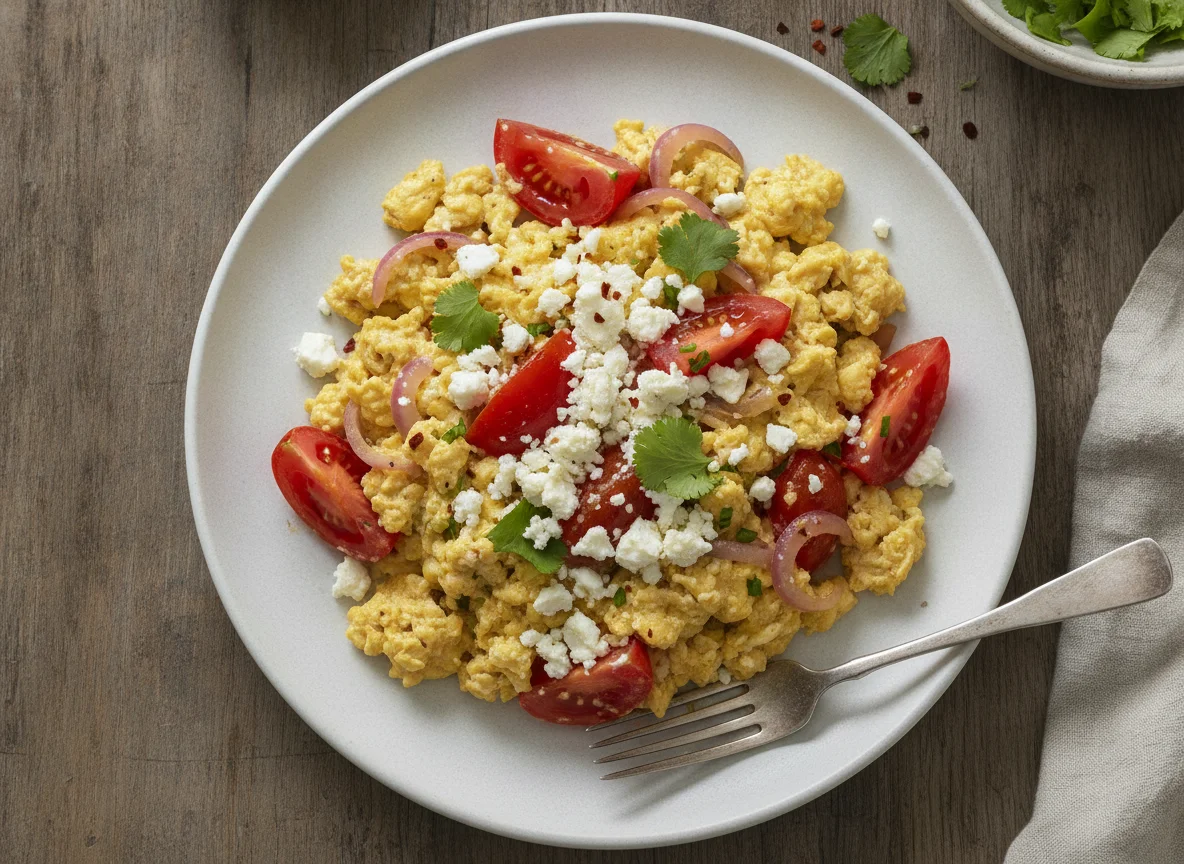 Huevos revueltos con queso feta, cebolla y tomate photo