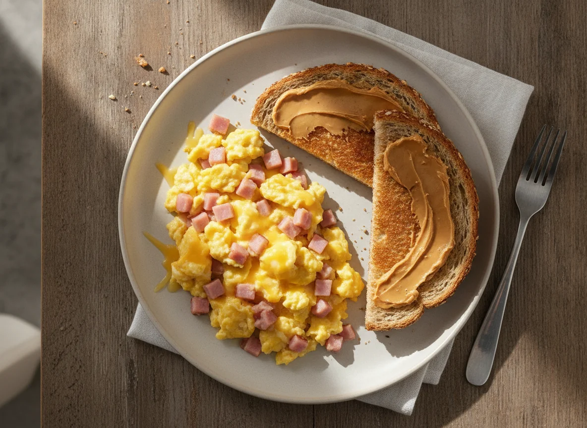 Huevos revueltos con queso, jamón y tostadas con mantequilla de cacahuete photo