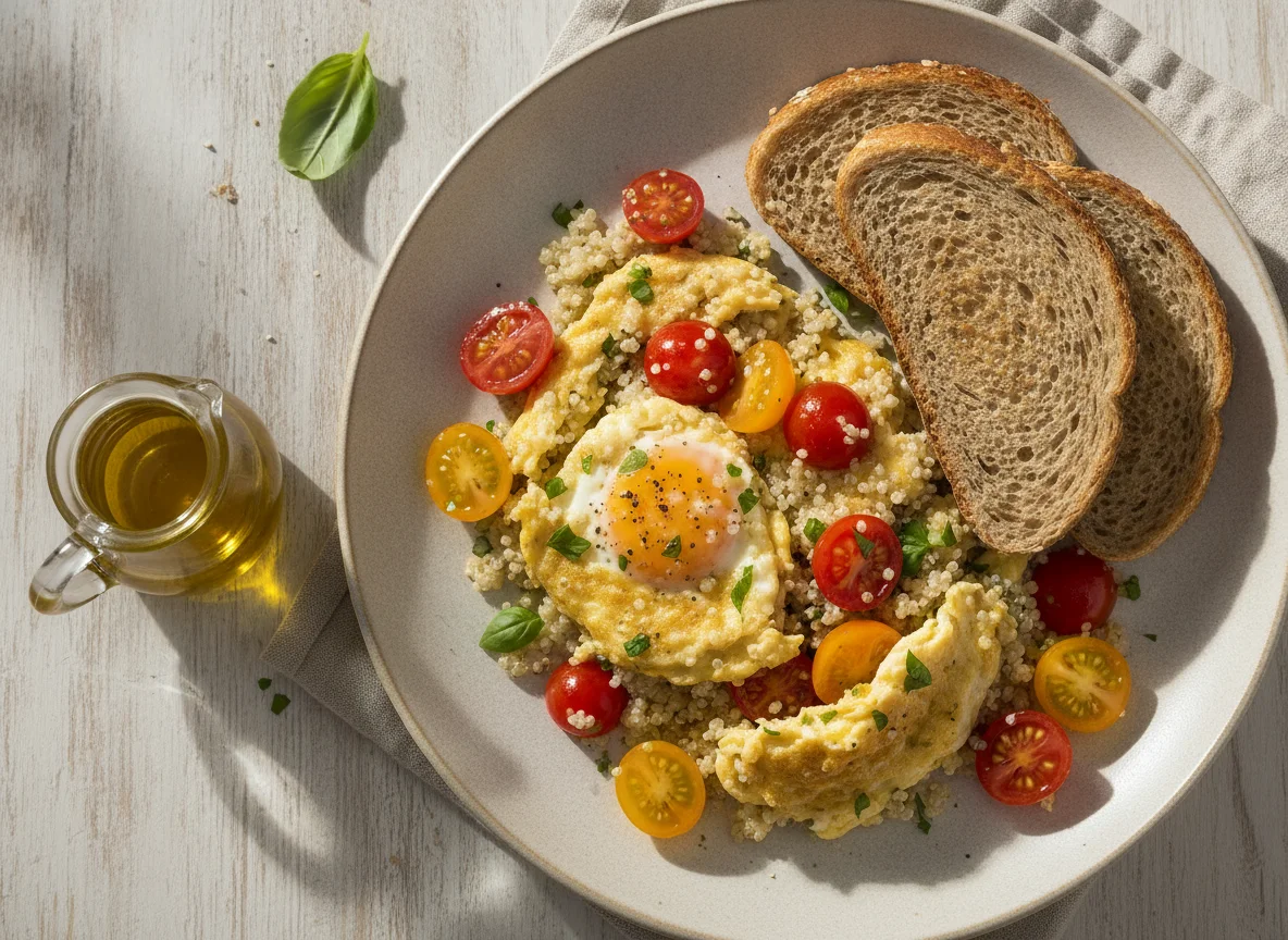 Huevos revueltos con quinoa, tomates cherry y pan integral photo