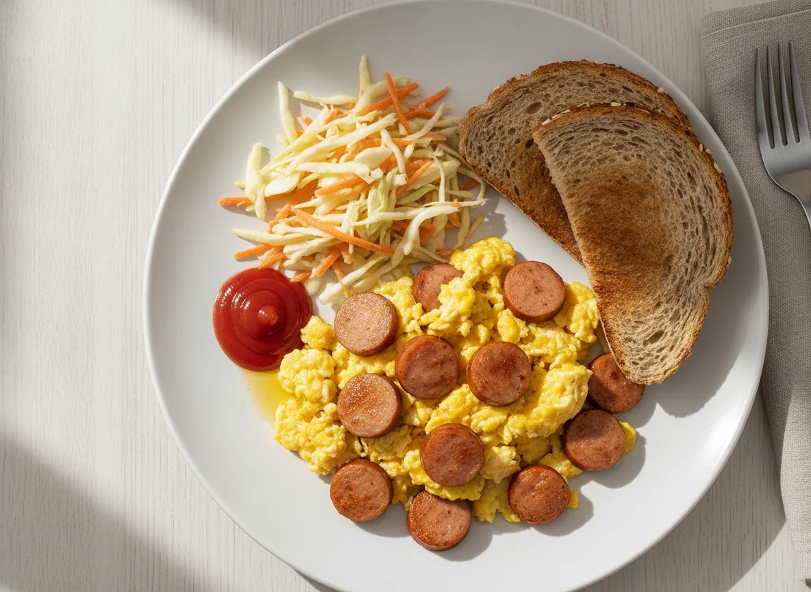 Huevos revueltos con salchicha, ensalada y pan integral photo