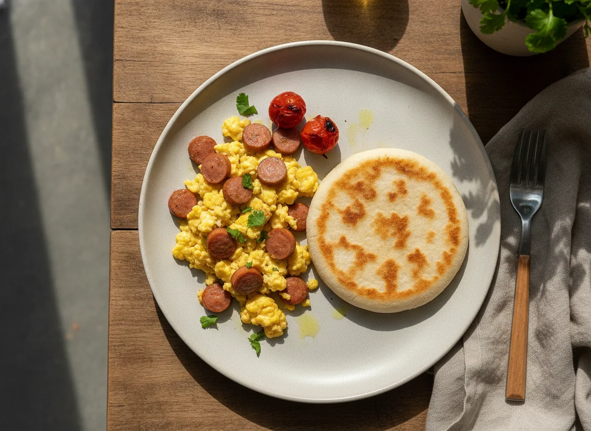 Huevos revueltos con salchicha y arepa photo