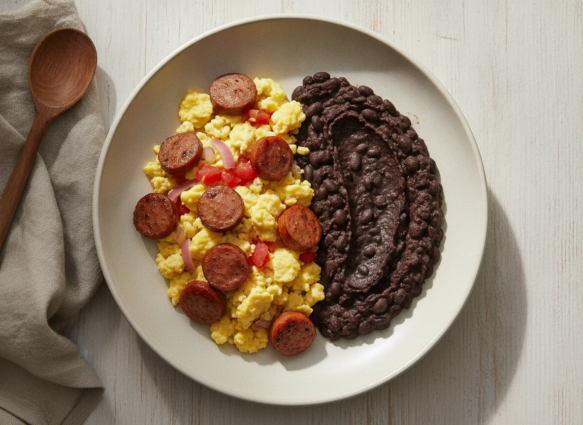 Huevos revueltos con salchicha y frijoles volteados photo