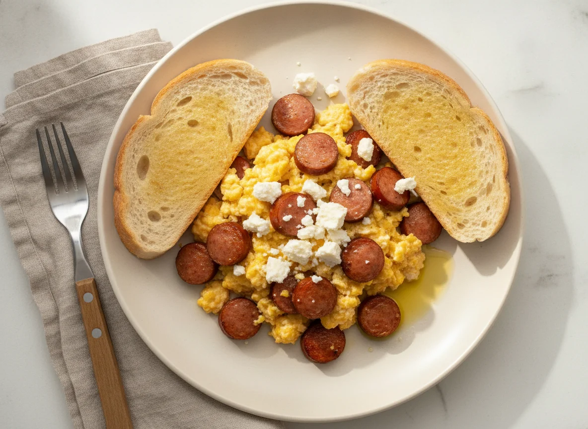 Huevos revueltos con salchicha y pan photo