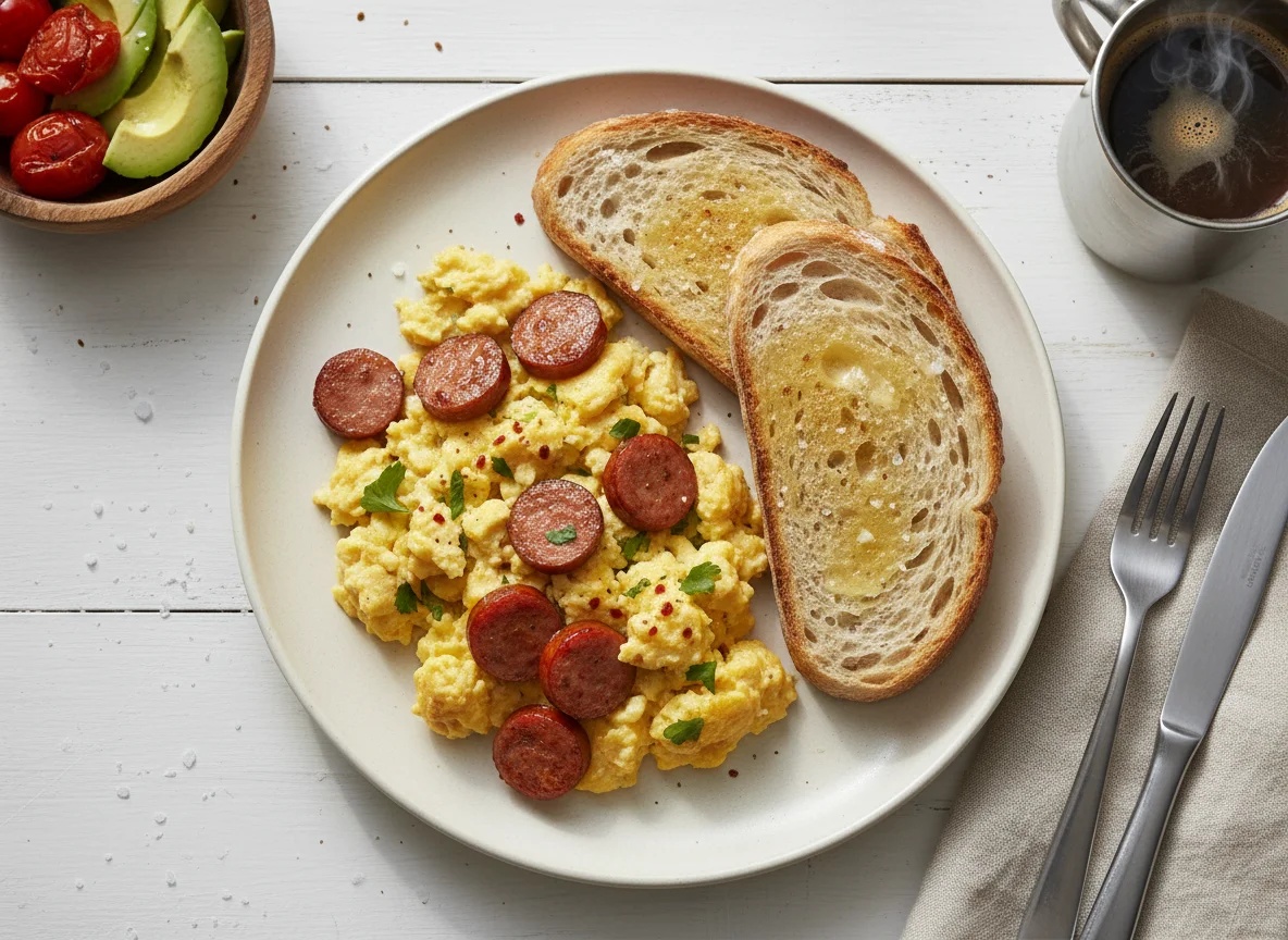 Huevos revueltos con salchicha y pan tostado photo