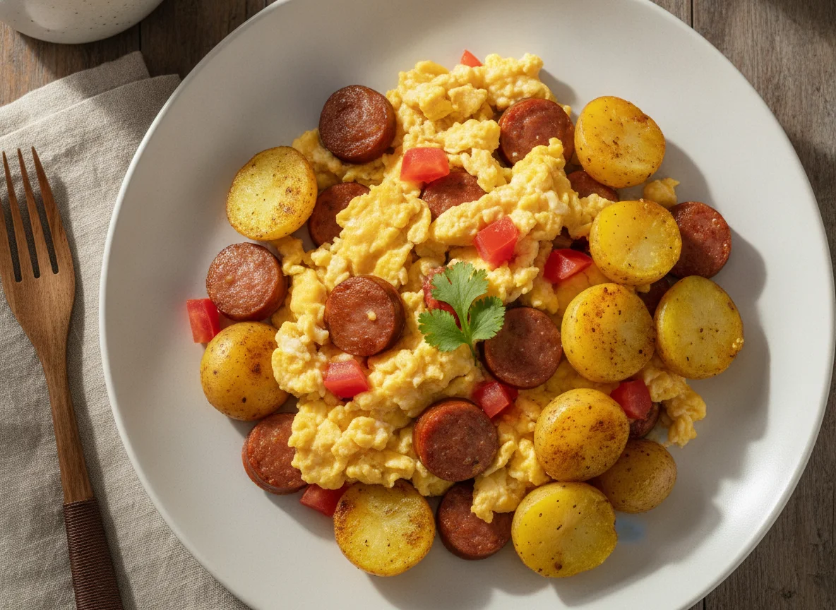 Huevos revueltos con salchicha y papa criolla photo