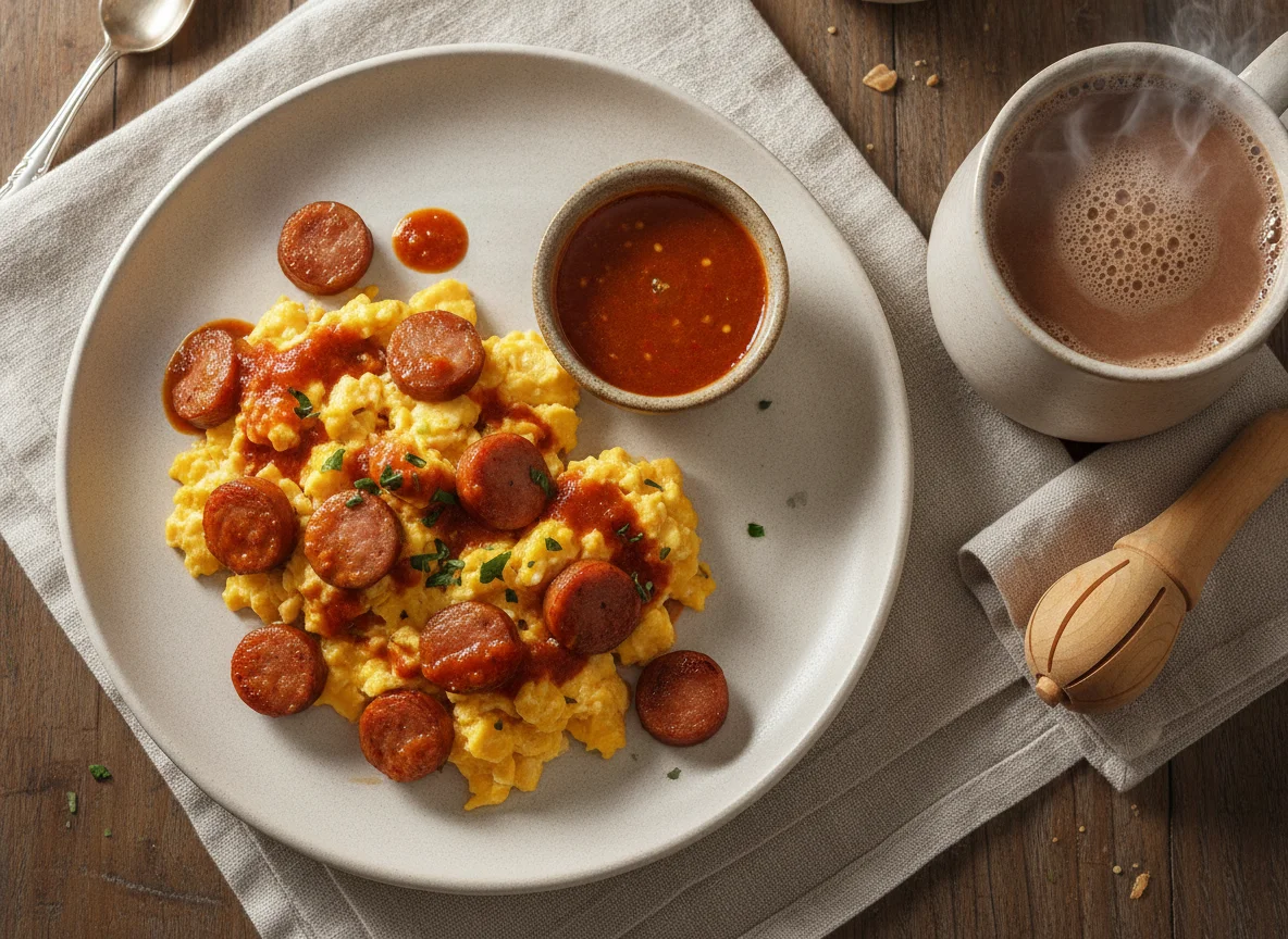 Huevos revueltos con salchicha y salsa picante, con bebida de chocolate photo
