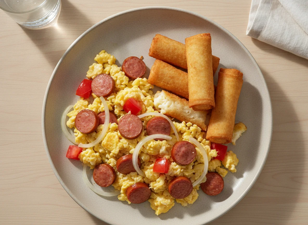 Huevos revueltos con salchicha y tequeños photo